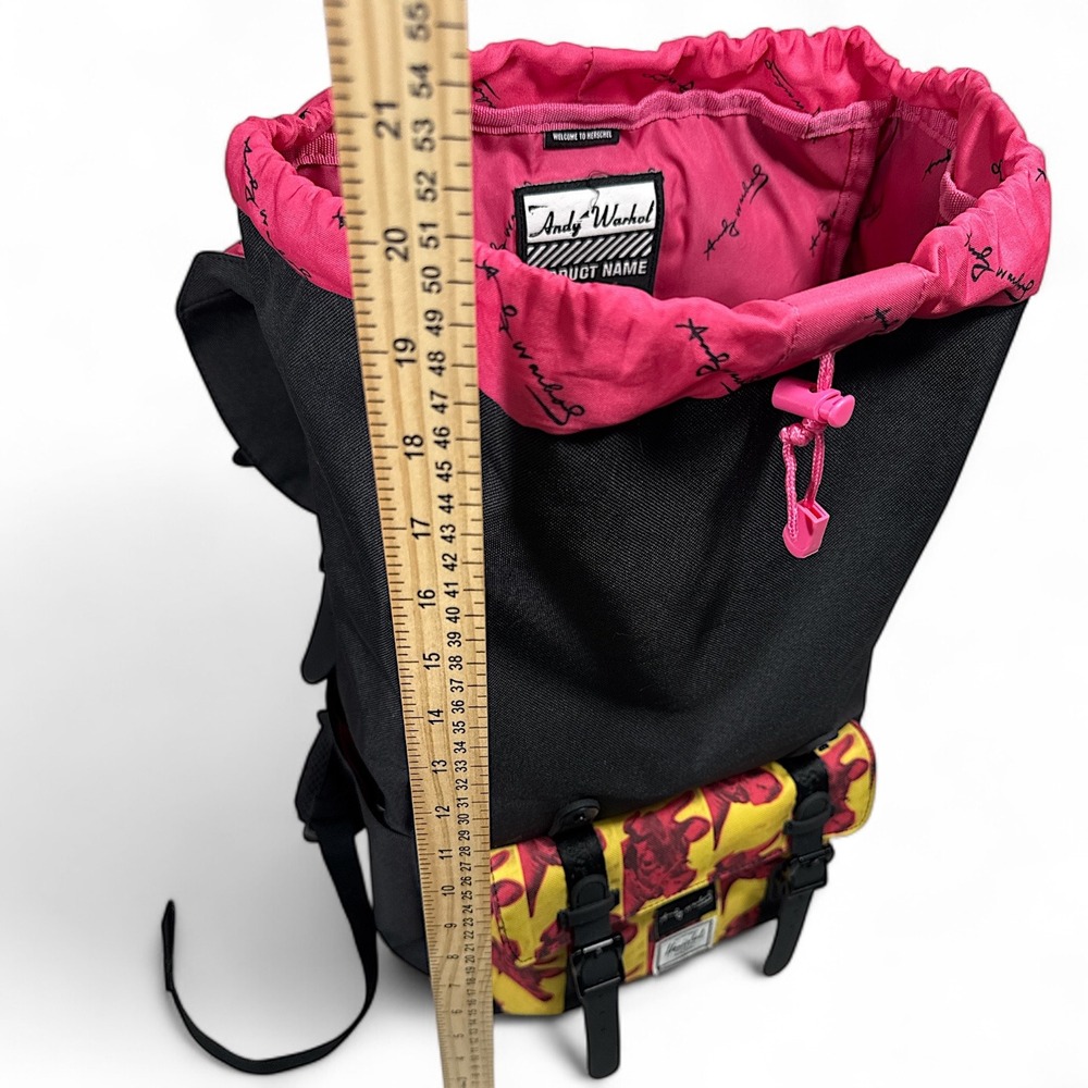 Herschel Supply Warhol Backpack Black Yellow Pink Cow Drawstring Snap Buckle EUC - Picture 7 of 14